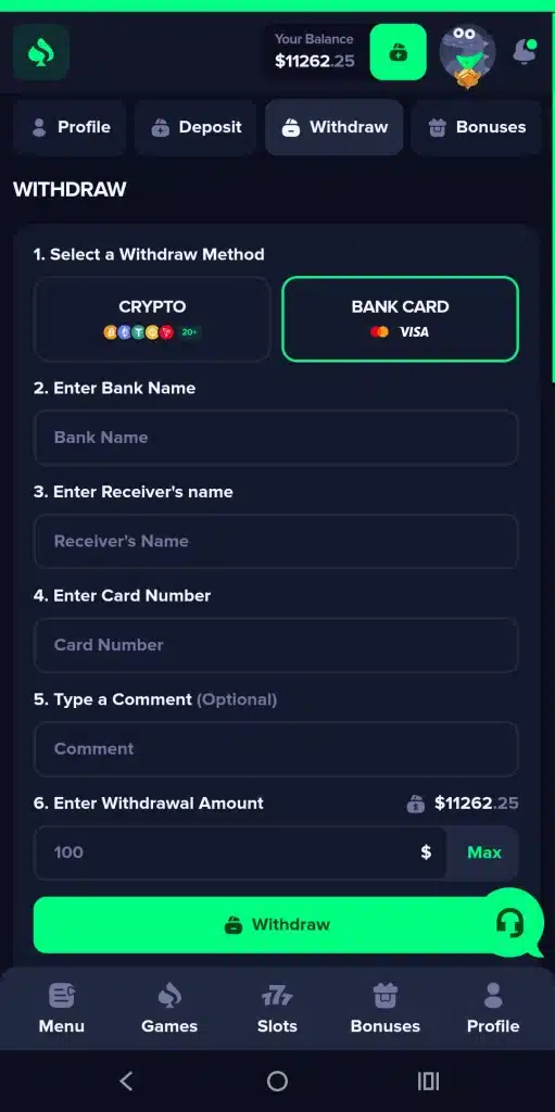 виведення в криптоказино